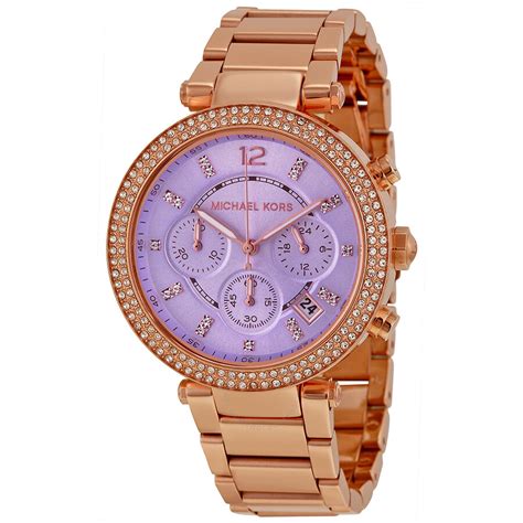 michael kors rose gold band purple face watch|Michael Kors parker chronograph watch.